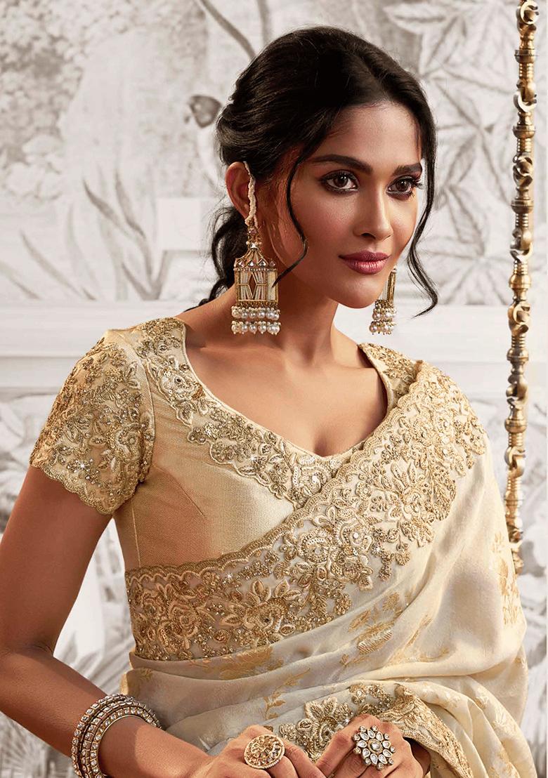 Cream Embroidered Silk Saree Set - Indya